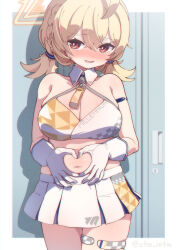 Rule 34 | 1girl, ?, absurdres, ahoge, armlet, artist name, bare shoulders, belly grab, blonde hair, blue archive, blush, border, braid, breasts, brown eyes, character name, cheerleader, chromatic aberration, cleavage, collarbone, cowboy shot, crop top, dot nose, film grain, gloves, hair between eyes, halo, heart, heart hands, highres, kotori (blue archive), kotori (cheer squad) (blue archive), large breasts, long hair, looking at viewer, midriff, millennium cheerleader outfit (blue archive), miniskirt, navel, outside border, parted lips, pleated skirt, plump, short twintails, skirt, solo, spaghetti strap, thighlet, triangle halo, twintails, twitter username, utm iota, white border, white gloves, white skirt, wing collar, yellow halo