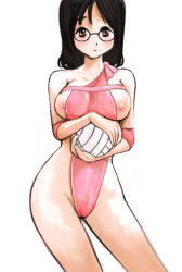 Rule 34 | 1girl, ball, black hair, breasts, glasses, highleg, highleg swimsuit, kazaana, medium breasts, nipples, original, solo, swimsuit, volleyball, volleyball (object)
