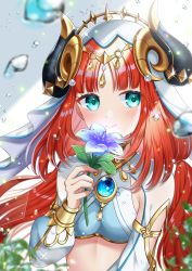 Rule 34 | 1girl, absurdres, blue gemstone, blush, brooch, clothing cutout, crop top, flower, gem, genshin impact, glint, gold trim, green eyes, highres, holding, holding flower, horns, jewelry, long sleeves, looking at viewer, low twintails, neck ring, nilou (genshin impact), puffy long sleeves, puffy sleeves, red hair, smile, solo, sparkle, tateko25wiz, twintails, upper body, vambraces, veil, water drop, white headdress