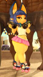 Rule 34 | 1girl, 2boys, 3d, :3, absurdres, adriandustred, animal crossing, animal ears, ankha (animal crossing), artist logo, bandaid, bandaid on face, bandaid on nose, black eyes, blue footwear, blush, can, cat ears, cat girl, cat tail, closed mouth, colored skin, dark-skinned male, dark skin, eyebrows, from side, full body, furry, furry female, hands up, headphones, headphones around neck, highres, holding, holding can, looking at viewer, looking to the side, medium hair, midriff, miniskirt, monster (drink), multiple boys, naughty face, nintendo, outdoors, pink skirt, roller skates, shirt, shortstack, size difference, skates, skirt, sleeveless, sleeveless shirt, solo focus, standing, tail, thick eyebrows, thick thighs, thighs, two-tone footwear, very dark skin, w arms, white footwear, white shirt, white skirt, wide hips, yellow skin
