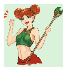 Rule 34 | 1girl, absurdres, bahamut lagoon, breasts, character request, double bun, green eyes, hair bun, highres, holding, holding staff, kei9969, looking at viewer, navel, open mouth, orange hair, short hair, smile, solo, staff