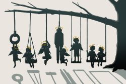 Rule 34 | 6+others, absurdres, angel, angel wings, avogado6, commentary, different shadow, from behind, halo, hanged, hanging on another, highres, limited palette, multiple others, noose, original, shadow, simple background, sitting, standing, suicide, swing, swing set, tire swing, tree, white background, wings