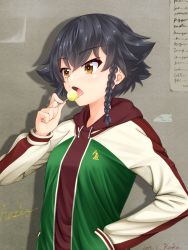 Rule 34 | 10s, 1girl, artist name, black hair, braid, brown eyes, brown shirt, candy, commentary request, dated, drawstring, food, girls und panzer, green jacket, hair tie, hand in pocket, highres, holding, holding food, hood, hoodie, jacket, licking, lollipop, open clothes, open jacket, open mouth, pepperoni (girls und panzer), ruka (piyopiyopu), shadow, shirt, short hair, side braid, signature, solo, standing, track jacket, upper body