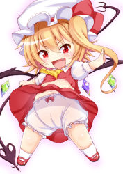 Rule 34 | 1girl, ascot, blonde hair, bloomers, chibi, ebi 193, fang, flandre scarlet, hat, unworn hat, hat ribbon, unworn headwear, laevatein, mob cap, navel, open mouth, outstretched arms, puffy short sleeves, puffy sleeves, red eyes, ribbon, shirt, short sleeves, skirt, skirt set, smile, solo, touhou, underwear, upskirt, vest, wings