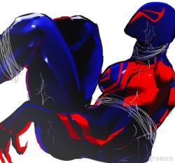 Rule 34 | 1boy, bara, blue bodysuit, bodysuit, bound, bound legs, from side, highres, large pectorals, male focus, marvel, mrjieshisu, muscular, muscular male, pectorals, print bodysuit, red bodysuit, silk, solo, spider-man: across the spider-verse, spider-man (2099), spider-man (series), spider-verse, spider web, superhero, thick thighs, thighs, two-tone bodysuit