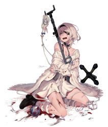 Rule 34 | 1girl, bandaged arm, bandaged leg, bandages, black footwear, black hairband, black survival, blood, blood bag, broken glass, collar, crossed arms, cuffs, dress, eyepatch, freng, glass, hairband, handcuffs, injury, intravenous drip, korean commentary, long sleeves, off shoulder, open mouth, signature, simple background, sissela (black survival), sitting, solo, stitches, sweater, sweater dress, white background, white dress, white hair