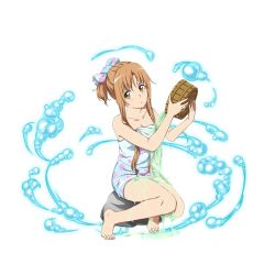 Rule 34 | 1girl, asuna (sao), barefoot, blue bow, blue towel, bow, breasts, brown eyes, brown hair, cleavage, collarbone, feet, hair bow, holding, long hair, looking back, medium breasts, naked towel, official art, print towel, short ponytail, sidelocks, simple background, sitting, solo, sword art online, sword art online: code register, sword art online: memory defrag, toes, towel, white background