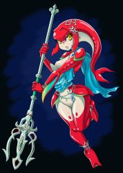 Rule 34 | 1girl, absurdres, bracelet, breasts, colored skin, fish girl, full body, glitchynpc, headpiece, highres, jewelry, lips, medium breasts, mipha, monster girl, multicolored skin, nintendo, polearm, simple background, solo, the legend of zelda, the legend of zelda: breath of the wild, toga, trident, weapon, wide hips, yellow eyes