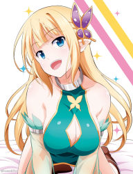 Rule 34 | 1girl, :d, aqua dress, bare shoulders, blonde hair, blue eyes, blush, breasts, bug, butterfly, butterfly hair ornament, cleavage, cleavage cutout, clothes lift, clothing cutout, commentary request, cross, cross necklace, detached sleeves, dress, dress lift, elf, female focus, hair ornament, head tilt, insect, jewelry, large breasts, leaning, leaning forward, long hair, looking at viewer, medium breasts, neck, neck ring, necklace, open mouth, original, pointy ears, round teeth, smile, solo, sparkle, teeth, tomokichi, upper body