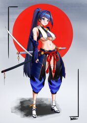 Rule 34 | 1girl, absurdres, armor, bandaged leg, bandages, blue eyes, blue hair, breasts, cleavage, detached sleeves, hair intakes, highres, holding, holding sheath, holding sword, holding weapon, hololive, hololive english, japanese armor, japanese clothes, katana, kuraodo 0, large breasts, mouth hold, navel, ouro kronii, ponytail, rising sun flag, samurai, scabbard, sheath, solo, sunburst, sword, underboob, virtual youtuber, weapon