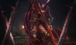 Rule 34 | 1boy, abyss watcher, arm up, armor, bad id, bad twitter id, belt, blurry, blurry background, brown pants, cape, commentary, copyright name, covered eyes, crossed swords, dagger, dark souls (series), dark souls iii, dual wielding, feet out of frame, flaming sword, flaming weapon, gauntlets, greatsword, helmet, holding, holding dagger, holding knife, holding weapon, holstered, knee pads, knife, leg armor, looking down, male focus, mono (jdaj), night, pants, pauldrons, planted, planted sword, planted weapon, red cape, reverse grip, shoulder armor, solo, standing, sword, weapon
