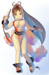 Rule 34 | 1girl, bad id, bad pixiv id, breasts, brown eyes, brown hair, folded fan, hand fan, fatal fury, folding fan, full body, large breasts, long hair, looking at viewer, pelvic curtain, ponytail, shiranui mai, solo, the king of fighters, very long hair, wakino keibun