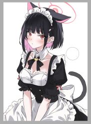 Rule 34 | 1girl, alternate costume, animal ears, black hair, blue archive, breasts, cat ears, cat girl, cat tail, cleavage, closed mouth, enmaided, extra ears, halo, kazusa (blue archive), looking at viewer, maid, marisasu (marisa0904), medium breasts, puffy short sleeves, puffy sleeves, red halo, short hair, short sleeves, solo, tail, white background