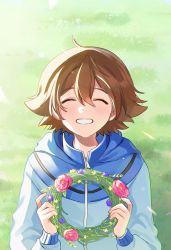 Rule 34 | 1boy, blue jacket, blush, brown hair, closed eyes, commentary, creatures (company), day, flower, game freak, grass, grin, hair between eyes, hands up, highres, hilbert (pokemon), holding, hood, hooded jacket, jacket, long sleeves, male focus, nintendo, outdoors, p (flavorppp), pokemon, pokemon bw, short hair, smile, solo, symbol-only commentary, wreath, zipper pull tab