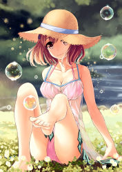 Rule 34 | 1girl, arm support, bare legs, bare shoulders, barefoot, bikini, bikini under clothes, breasts, brown eyes, brown hair, bubble, camisole, cleavage, clover, clover (flower), day, feet, flower, four-leaf clover, hat, hataraku maou-sama!, highres, medium breasts, on ground, outdoors, pink bikini, sasaki chiho, see-through, short hair, sitting, smile, soap bubbles, solo, straw hat, sun hat, swimsuit, swimsuit under clothes, toes, ttk (kirinottk)