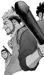 Rule 34 | 2boys, arisaka, beard, bolt action, cropped torso, facial hair, full beard, golden kamuy, greyscale, gun, highres, jo tuesday19, long sleeves, looking at another, looking at viewer, male focus, mature male, monochrome, multicolored hair, multiple boys, nihei tetsuzou, old, old man, profile, rifle, scar, scar on face, short hair, sideways glance, simple background, smile, stubble, tanigaki genjirou, thick eyebrows, two-tone hair, weapon