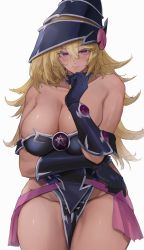 Rule 34 | 1girl, absurdres, arm up, bare shoulders, blonde hair, blush, blush stickers, breasts, bridal gauntlets, closed mouth, collarbone, commentary, commentary request, dress, duel monster, elbow gloves, gloves, grey background, groin, hair between eyes, hand on own chin, hat, highres, huge breasts, kataku musou, looking at viewer, magi magi magician gal, no panties, off-shoulder dress, off shoulder, pelvic curtain, pink skirt, purple eyes, simple background, skindentation, skirt, smile, solo, thick thighs, thighs, thinking, underwear, wizard hat, yu-gi-oh!
