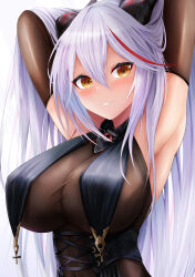 Rule 34 | 1girl, absurdres, aegir (azur lane), azur lane, bare shoulders, bodystocking, breast curtains, breasts, brown gloves, cleavage, commentary, elbow gloves, gloves, hair between eyes, highres, large breasts, long hair, looking at viewer, multicolored hair, red hair, ryara, simple background, slit pupils, solo, streaked hair, two-tone hair, upper body, white background, white hair