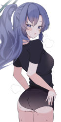Rule 34 | 1girl, alternate costume, alternate hairstyle, ass, black shirt, bloomers, blue archive, blush, gluteal fold, halo, highres, long hair, looking back, looking down, looking to the side, purple eyes, purple hair, shirt, simple background, solo, sweat, tsumayouji (tumayog), underwear, white background, yuuka (blue archive), yuuka (track) (blue archive)