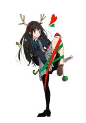 Rule 34 | 1girl, absurdres, antlers, asymmetrical footwear, black eyes, black footwear, black hair, black thighhighs, blue dress, blue ribbon, blush, brown footwear, card, christmas ornaments, closed mouth, collared dress, commentary, dress, fake antlers, grey dress, hat, heart, highres, holding, holding card, horns, inoue takina, leg up, loafers, long hair, looking at viewer, lycoris recoil, lycoris uniform, mini hat, mini santa hat, mismatched footwear, misskiwi, neck ribbon, no socks, pantyhose, party hat, pleated dress, reindeer antlers, ribbon, santa hat, shoes, simple background, single thighhigh, solo, standing, straight hair, thighhighs, two-tone dress, white background