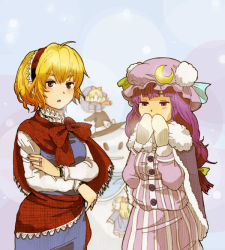 Rule 34 | 2girls, alice margatroid, blonde hair, blue eyes, bow, buttons, crescent, doll, female focus, hair bow, hairband, hat, long hair, ma-hain-scarlet, mittens, multiple girls, patchouli knowledge, perfect cherry blossom, purple eyes, purple hair, red eyes, scarf, shanghai doll, short hair, snowman, touhou, witch hat