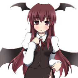 Rule 34 | 1girl, bad id, bad pixiv id, bat wings, blush, brown eyes, brown hair, clothes lift, embodiment of scarlet devil, female focus, head wings, koakuma, lifted by self, long hair, nase, red eyes, red hair, ribbon, simple background, skirt, skirt lift, solo, touhou, vest, white background, wings
