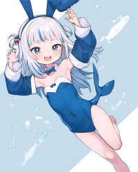 Rule 34 | 1girl, animal ears, armpits, arms up, bare legs, barefoot, blue bow, blue bowtie, blue eyes, blue hair, blue leotard, blue nails, blue sleeves, blunt bangs, bow, bowtie, claw pose, commentary, covered navel, detached collar, detached sleeves, dutch angle, fake animal ears, fins, fish tail, flat chest, foot out of frame, gawr gura, hair ornament, highres, hololive, hololive english, leg up, leotard, long hair, luckyeldayo, multicolored hair, nail polish, open mouth, playboy bunny, rabbit ears, shark girl, shark hair ornament, shark tail, sharp teeth, solo, standing, standing on one leg, strapless, strapless leotard, tail, teeth, two-tone hair, two side up, upper teeth only, virtual youtuber, white hair