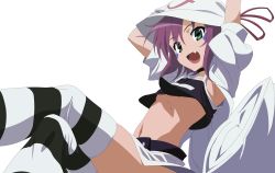Rule 34 | 1girl, absurdres, belt, choker, fang, from below, green eyes, hat, highres, merry nightmare, midriff, official art, open mouth, purple hair, simple background, solo, striped clothes, striped thighhighs, thighhighs, transparent background, vector trace, white background, yumekui merry, zettai ryouiki
