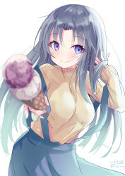 Rule 34 | 1girl, black hair, blue eyes, blue skirt, blurry, blurry foreground, blush, breasts, brown sweater, closed mouth, commentary request, depth of field, double scoop, food, hand up, highres, hizaka, holding, holding food, ice cream, ice cream cone, incoming food, kawana misaki, long hair, long sleeves, looking at viewer, medium breasts, one - kagayaku kisetsu e, parted bangs, signature, simple background, skirt, sleeves past wrists, smile, solo, suspender skirt, suspenders, sweater, twitter username, very long hair, white background