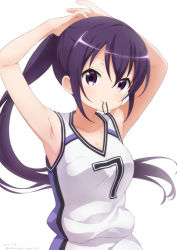 Rule 34 | 1girl, armpits, arms up, bare arms, bare shoulders, blush, breasts, cleavage, closed mouth, collarbone, commentary request, gochuumon wa usagi desu ka?, hair between eyes, hair tie, hair tie in mouth, highres, medium breasts, mouth hold, neki (wakiko), ponytail, purple eyes, purple hair, shirt, sidelocks, simple background, sleeveless, sleeveless shirt, solo, sportswear, tedeza rize, tying hair, white background, white shirt