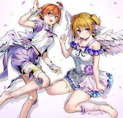 Rule 34 | 2girls, angel wings, barefoot, breasts, brown hair, garter straps, highres, hoshizora rin, koizumi hanayo, large breasts, love live!, multiple girls, nakano maru, open mouth, orange hair, purple eyes, ribbon, see-through, simple background, small breasts, smile, white background, wings, yellow eyes