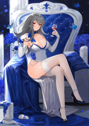 Rule 34 | 1girl, azur lane, breasts, bridal gauntlets, bug, butterfly, choker, cleavage, cross, cross earrings, crossed legs, cup, dress, drinking glass, earrings, elbow gloves, fingerless gloves, flower, full body, gloves, grey hair, high heels, highres, insect, jewelry, large breasts, long hair, looking at viewer, mole, mole under eye, official alternate costume, parted lips, pumps, red eyes, ribbon choker, saint-louis (azur lane), saint-louis (holy knight&#039;s resplendence) (azur lane), saint-louis (holy knight&#039;s resplendence) (azur lane), shoes, side slit, sidelocks, sitting, solo, stiletto heels, thighhighs, weibo watermark, white dress, white gloves, white thighhighs, wine glass, yayako (804907150)