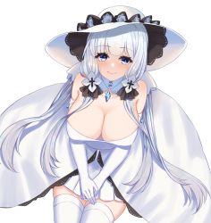 Rule 34 | 1girl, azur lane, blue eyes, blush, breasts, cleavage, dress, elbow gloves, gloves, hair ornament, hat, highres, illustrious (azur lane), kuwahara taiki, large breasts, long hair, looking at viewer, looking up, mole, mole under eye, sitting, smile, solo, strapless, strapless dress, sun hat, thighhighs, white dress, white gloves, white hair, white hat, white thighhighs