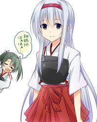 Rule 34 | 10s, 2girls, artist request, blood, hairband, highres, japanese clothes, kantai collection, long hair, multiple girls, muneate, nosebleed, ryucchi, shoukaku (kancolle), silver hair, simple background, smile, translation request, twintails, white background, zuikaku (kancolle)
