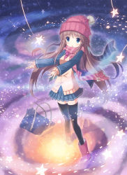 Rule 34 | 1girl, bag, beanie, black thighhighs, blue eyes, blush, boots, bow, braid, brown hair, cardigan, colorful, commentary, eye reflection, floating hair, french braid, hat, highres, kankurou, light particles, long hair, open mouth, original, outstretched arms, pink footwear, pleated skirt, reflection, rubber boots, scarf, school bag, school uniform, shooting star, skirt, solo, space, star (sky), star (symbol), surprised, thighhighs, zettai ryouiki