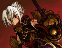 Rule 34 | .hack//, .hack//g.u., 00s, 1boy, armor, bandai, chainsaw, cyber connect 2, haseo, haseo (.hack//), male focus, red eyes, short hair, silver hair, solo, sword, tattoo, weapon, yokige