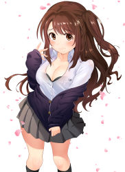 Rule 34 | 1girl, absurdres, black bra, black cardigan, black socks, blush, bra, bra visible through clothes, breast pocket, breasts, brown eyes, brown hair, buttons, cardigan, cleavage, closed mouth, clothes tug, collarbone, collared shirt, commentary, cosplay, dopamine70, embarrassed, feet out of frame, fingernails, grey skirt, hair intakes, hand up, highres, idolmaster, idolmaster cinderella girls, kneehighs, large breasts, long hair, long sleeves, looking at viewer, miniskirt, off shoulder, one side up, partially unbuttoned, petals, pleated skirt, pocket, school uniform, see-through, shibuya rin, shibuya rin (cosplay), shimamura uzuki, shirt, skirt, sleeves past wrists, socks, solo, standing, underwear, white background, white shirt
