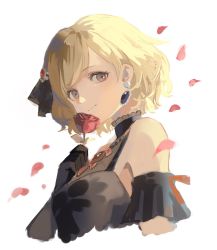 Rule 34 | 1girl, aco gbfg, arm garter, bare shoulders, black dress, black gloves, blonde hair, closed mouth, cropped torso, djeeta (granblue fantasy), dress, earrings, flower, gloves, granblue fantasy, hair behind ear, hair ornament, highres, holding, holding flower, jewelry, looking at viewer, petals, rose, short hair, simple background, sleeveless, sleeveless dress, smile, solo, upper body, white background