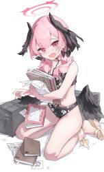 Rule 34 | 1girl, absurdres, bikini, black bag, black bikini, black wings, blue archive, blush, book, bow, commentary request, doodles, feathered wings, hair bow, halo, highres, kneeling, koharu (blue archive), koharu (swimsuit) (blue archive), looking at viewer, manga (object), hugging object, official alternate costume, pink eyes, pink hair, sandals, sentter, simple background, solo, swimsuit, tears, twintails, white background, wings
