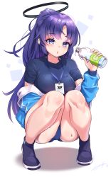 Rule 34 | 1girl, :o, bloody0rabby, blue archive, blue buruma, blue eyes, blue footwear, blue jacket, blue shirt, bottle, breasts, buruma, commentary request, full body, halo, hand up, highres, holding, holding bottle, jacket, knees together feet apart, knees up, lanyard, long hair, long sleeves, medium breasts, off shoulder, parted bangs, parted lips, ponytail, puffy long sleeves, puffy sleeves, purple eyes, shadow, shirt, shoes, signature, simple background, solo, squatting, very long hair, water bottle, white background, yuuka (blue archive), yuuka (track) (blue archive)