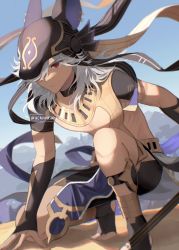 Rule 34 | 1boy, animal ears, animal hat, arabian clothes, artist name, black choker, black gloves, black hat, black ribbon, black shorts, blue sky, choker, closed mouth, collarbone, commentary, cyno (genshin impact), dark-skinned male, dark skin, day, earrings, fighting stance, fingerless gloves, genshin impact, gloves, gold trim, hair over one eye, hat, highres, holding, holding polearm, holding weapon, jackal ears, jewelry, long hair, looking away, male focus, mountain, necklace, one eye covered, outdoors, parted bangs, pelvic curtain, polearm, red eyes, ribbon, ribs, serious, shadow, short shorts, short sleeves, shorts, sidelocks, sky, solo, squatting, swept bangs, twitter username, uchiwasabi, weapon, white hair