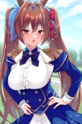Rule 34 | 1girl, absurdres, akai ame, animal ears, blue dress, blue sky, blush, bow, breasts, brown hair, cloud, cloudy sky, daiwa scarlet (umamusume), day, dress, epaulettes, hair between eyes, hair bow, hair intakes, hands on own hips, highres, horse ears, horse girl, large breasts, long hair, long sleeves, open mouth, outdoors, red bow, red eyes, sky, solo, standing, tiara, twintails, umamusume, upper body