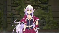 Rule 34 | 1girl, atelier-moo, belt, breasts, cleavage, cloak, closed mouth, cowboy shot, dark elf, detached sleeves, dungeon, elf, hair between eyes, hand on own hip, highres, large breasts, long hair, long pointy ears, looking at viewer, miniskirt, narrow waist, pointy ears, purple cloak, purple hair, silvia milsteen, skirt, solo, standing, very long hair, wizards symphony, yellow eyes