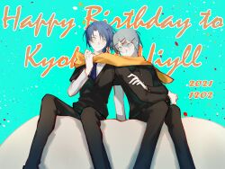 Rule 34 | 2boys, black jacket, black pants, black sweater, blue eyes, blue hair, blue necktie, chinese commentary, closed mouth, commentary request, dated, english text, grey hair, hair between eyes, hair ornament, happy birthday, highres, jacket, kyoko (akakikyoko), layered sleeves, long sleeves, male focus, multiple boys, necktie, orange scarf, original, pants, scarf, shared clothes, shared scarf, shirt, short hair, short over long sleeves, short sleeves, sitting, smile, sweater, white shirt, x hair ornament