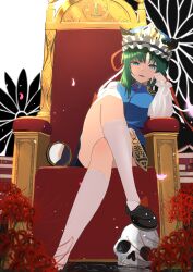 Rule 34 | 1girl, absurdres, black footwear, blue skirt, blue vest, cleansed crystal mirror, commentary request, crossed legs, epaulettes, eru aise, falling petals, flower, frilled hat, frills, green hair, hat, highres, kneehighs, light smile, long sleeves, looking at viewer, petals, rod of remorse, shiki eiki, shirt, sitting, skirt, skull, socks, solo, spider lily, throne, touhou, vest, white shirt, white socks