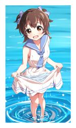 Rule 34 | 1girl, akagi miria, bare arms, bare legs, blush, bow, breasts, brown hair, commentary request, dress, hair bow, highres, idolmaster, idolmaster cinderella girls, looking at viewer, medium hair, refraction, sailor dress, skirt basket, sleeveless, sleeveless dress, small breasts, smile, solo, two side up, wading, water, yairo ju