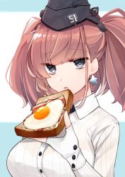 Rule 34 | 1girl, atlanta (kancolle), bacon, black eyes, bra visible through clothes, bread, bread slice, breasts, brown hair, earrings, egg, egg (food), food, fried egg, fried egg on toast, garrison cap, gloves, hat, headgear, highres, holding, holding food, jewelry, kantai collection, katsuobushi (eba games), large breasts, long sleeves, open mouth, partially fingerless gloves, single earring, solo, star (symbol), star earrings, sunny side up egg, toast, twintails, two side up, upper body, white gloves