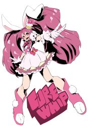 Rule 34 | 10s, 1girl, :d, absurdres, animal ears, boots, bow, rabbit ears, cake hair ornament, character name, cure whip, dress, food-themed hair ornament, full body, gloves, hair ornament, highres, katana (life is beautiful), kirakira precure a la mode, knee boots, long hair, looking at viewer, magical girl, open mouth, pink bow, pink eyes, pink footwear, pink hair, precure, smile, solo, twintails, usami ichika, white background, white dress, white gloves