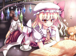 Rule 34 | 1girl, ascot, bad id, bad pixiv id, blonde hair, book, couch, cup, dress, embodiment of scarlet devil, fang, female focus, flandre scarlet, fuepo, hat, legs up, library, lying, necktie, on stomach, open book, reading, red dress, red eyes, side ponytail, smile, solo, spoon, stuffed animal, stuffed toy, teacup, teddy bear, touhou, voile, wings