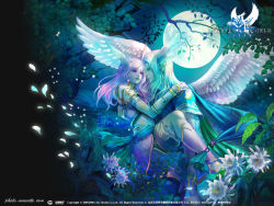 Rule 34 | 00s, 1boy, 1girl, 2008, armor, carrying, chinese text, copyright name, couple, elf, eye contact, fantasy, flower, full moon, head wings, hetero, long hair, looking at another, midriff, moon, nail polish, night, perfect world, petals, pointy ears, princess carry, wallpaper, watermark, web address, wings